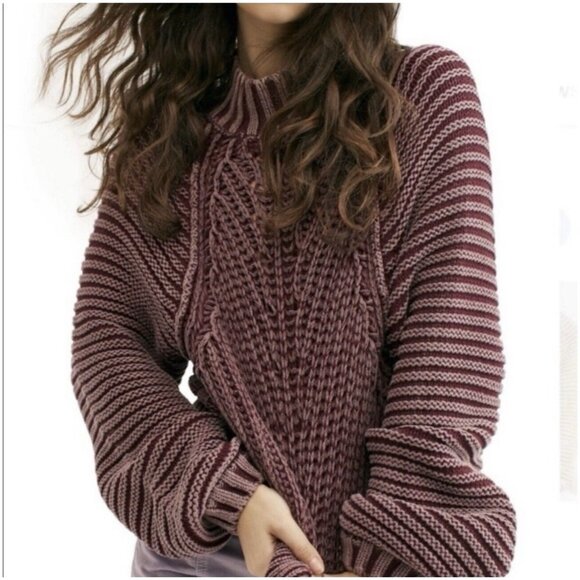 Free People Sweetheart Chunky Mock Neck Garnet Grotto Ribbed Sweater S EUC - Picture 1 of 8